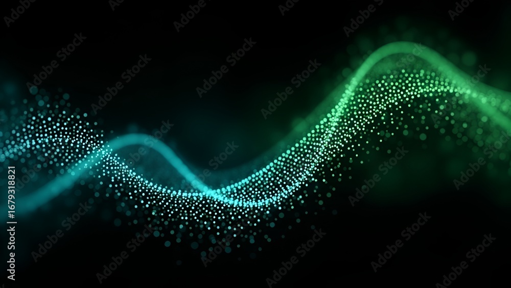 Poster green-blue dotted wave abstract design – a futuristic gradient particle flow on a black background, 