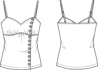 CAD drawing flat vector illustration of women camisole top, fashion technical sketch, spaghetti strap blouse design, apparel mockup, clothing template, outfit design