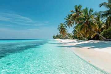 Beautiful tropical beach with turquoise clear water, white sand, and palm trees, aerial summer vacation destination background in paradise island