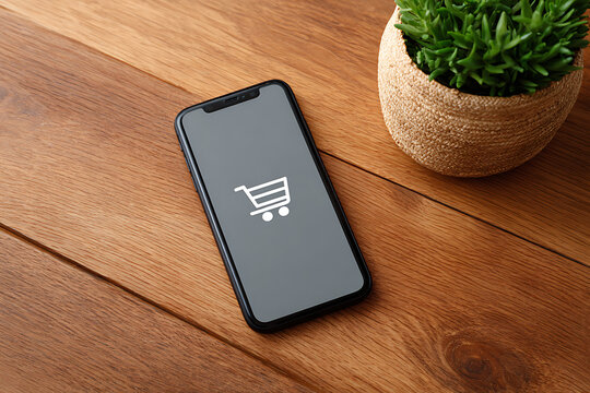Smartphone with shopping cart icon on wooden table, online store concept