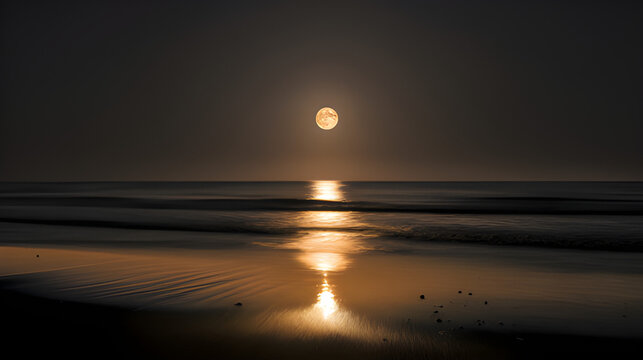Moonlit serene coastal landscape at night. Astrotheme moonrise over the beach. 
