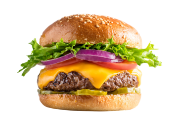 Close up of a delicious cheeseburger with lettuce, tomato, onion, and pickles.