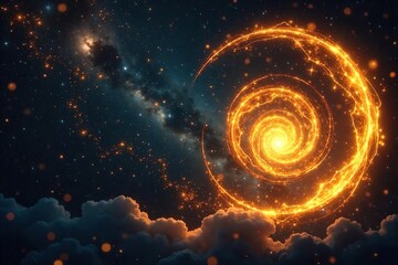 Fototapeta premium Intricate golden swirls emanate mystical energy, glowing with otherworldly light against a dark, star-studded background Perfect for fantasy, occult, or magical themes , magical, fantasy