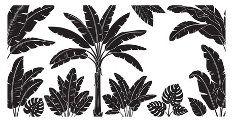 A collection of black silhouette tropical palm leaves and banana leaves creating a jungle foliage pattern on a white background with a distressed texture © SaHeD