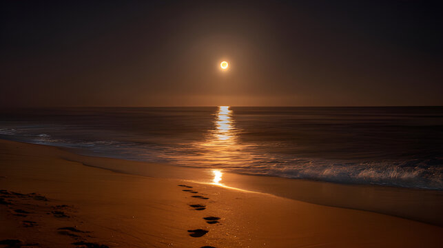 Moonlit serene coastal landscape at night. Astrotheme moonrise over the beach. 