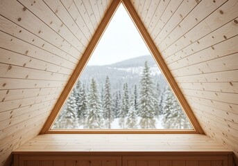 Mockup of triangular window view of snow covered pine trees in a wooden cabin for commercial usage