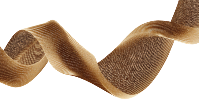 A tan ribbon, flowing in a dynamic, wavy pattern against a black background.  The ribbon's texture is slightly visible, suggesting a woven or mesh structure