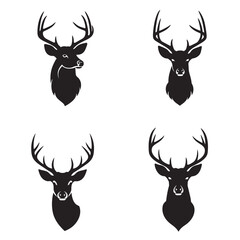 Four black silhouettes of deer heads with antlers on white background
