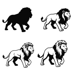Four different lion illustrations in various styles and shading walking to the right side silhouette