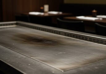 Obraz premium Mockup of closeup of a used teppanyaki grill in a japanese restaurant with blurred background for commercial usage