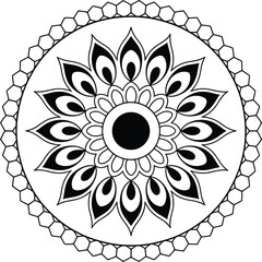 Black and white floral mandala with geometric border