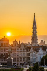 Fototapeta premium Mont des Arts at Sunset. Buildings, Clear Sky and Spire of Town Hall. City of Brussels, Belgium. Golden Hour
