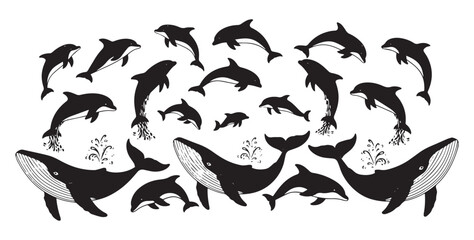 A whimsical collection of silhouetted marine mammals featuring playful dolphins and majestic whales in a stylized artistic illustration