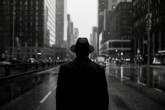Fototapeta Man in fedora on wet city street at night image photo
