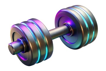 Futuristic metallic dumbbell with neon lights on white background
