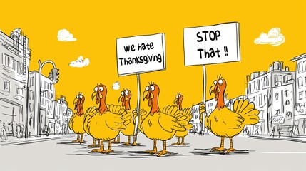 Des dindes manifestent avec des pancartes contre Thanksgiving dans la rue
