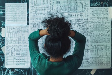 Overhead view of a person studying complex mathematical equations, symbolizing a deep focus on academic challenges.