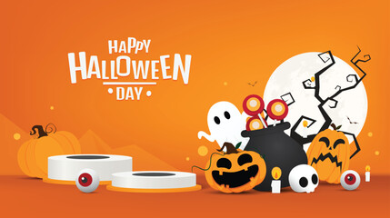 Halloween Night Scene with Pumpkins Ghost and Full Moon. vector design