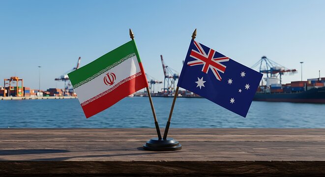 Iran Australia flags at port symbolize trade partnership, global logistics - Powered by Adobe