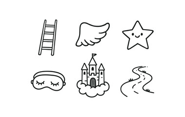 Fototapeta premium hand drawn cute doodle style line isolated on white background: dream ladder fantasy wing wish sleep mask sky castle path