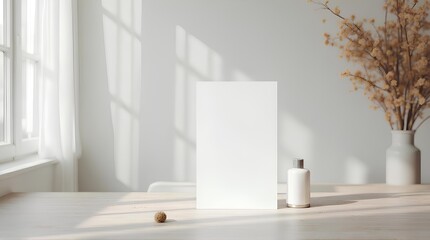 Vertical blank paper and small bottle with light shining through