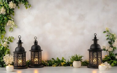 Elegant Black Lanterns with Floral Decor Festive Ramadan Background