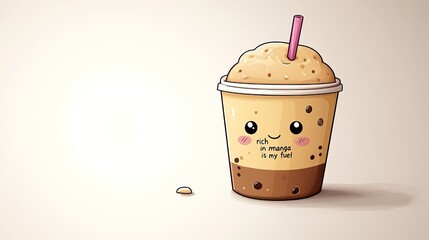 Kawaii Iced Coffee Sticker - Vector Minimalist with &ldquo;Ramirez's Funny Reading Fuel&rdquo; Text, Pink Straw Brown Foam Black Border High-Res