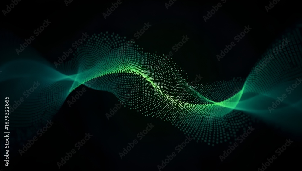 Poster glowing green and blue dots forming a flowing wave pattern, abstract gradient particle flow against 