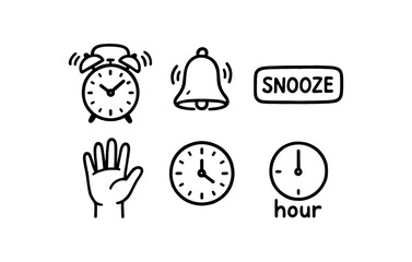 hand drawn cute doodle style line isolated on white background: alarm clock bell ring snooze button wake hand time dial hour
