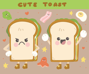 cute illustration of smiley and angry toast and breakfast element vector eps illustration