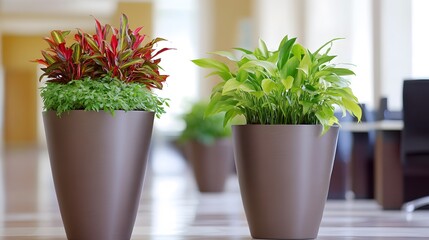 Vibrant Indoor Plants in Modern Brown Pots Office Decor