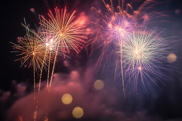 Naklejka premium Colorful fireworks display with bokeh effect in the night sky