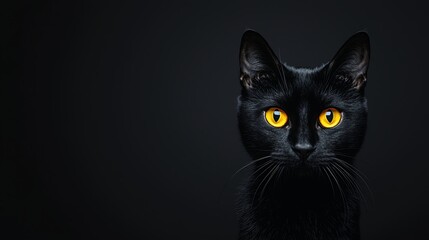 Fototapeta premium Black cat silhouette with glowing eyes, eerie Halloween flyer design background