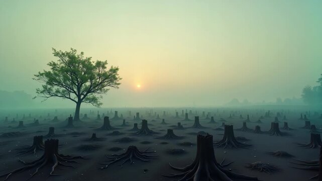 Lone tree stands in field of tree stumps at sunrise. Misty morning scene shows single deciduous tree amidst deforestation.