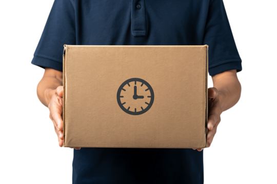 Person holding a cardboard box with a clock icon, representing fast delivery.
