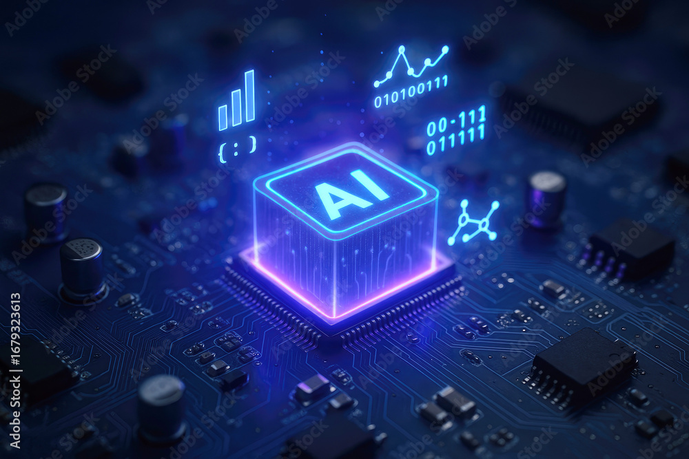 Poster ai chip on circuit board with glowing data visualizations and binary code artificial intelligence te