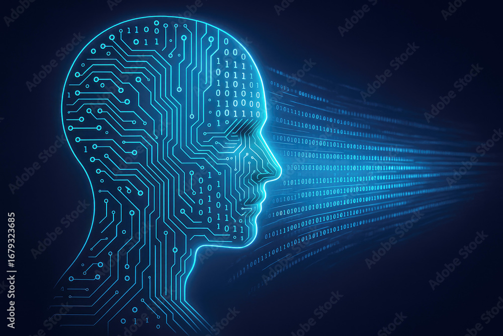 Poster ai concept with human head silhouette made of circuits and binary data stream artificial intelligenc
