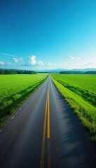 Fototapeta premium Serene country road stretching towards a distant horizon, lush green fields and clear blue sky Perfect for travel, nature, and rural themes , trees, scenic