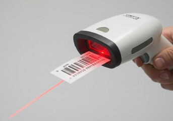 Handheld barcode scanner reading a label isolated on white background