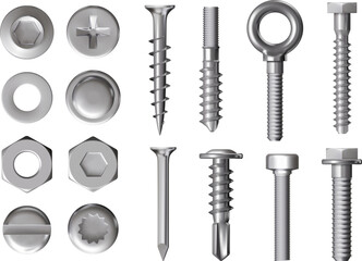Silver rivet. Stainless steel screw. Bolt and stud nut head. Metal nail pin or fix sign. Iron fixing 3D elements. Hardware assortment. Hexagon fastening. Vector realistic objects set