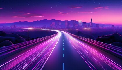 the highway in the neon light of violet shades goes into the horizon the outlines of the city are visible against the background