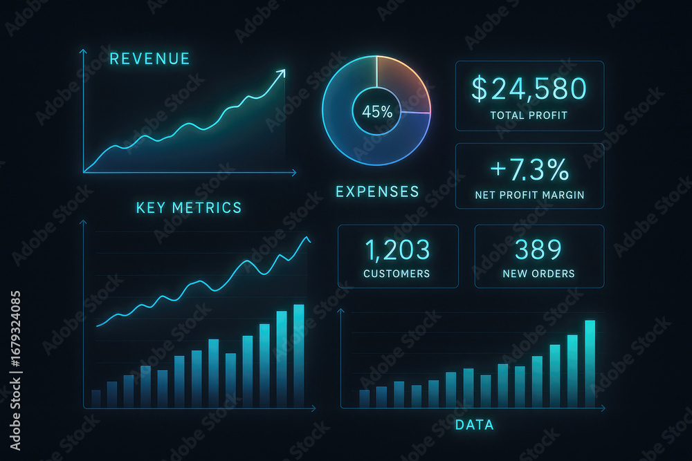 Aufkleber business performance dashboard with revenue key metrics and data growth charts and customer statisti