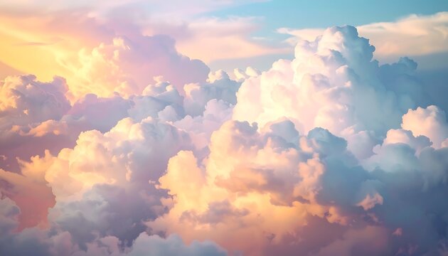 Vast cloudscapes painted in sunset hues.  Soft, pastel colors blend  across a dense field of cumulus clouds.  A warm, golden light bathes the sky