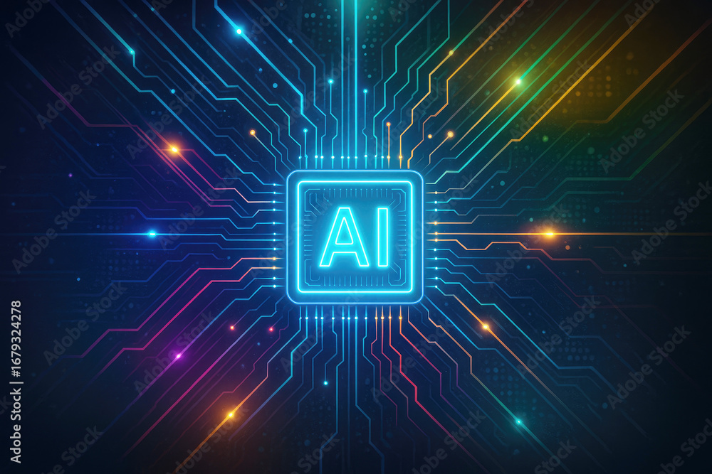 Poster central ai chip with glowing neon circuit board and colorful light trails on dark background artific