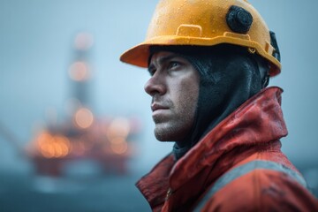 Obraz premium Resilient worker braving stormy seas offshore oil rig portrait harsh weather close-up maritime life