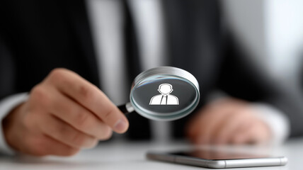 Futuristic HR technology concept with businessman analyzing smartphone candidate profile through magnifying glass for job hiring, recruitment process, and career opportunity selection