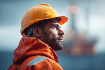 Industrial worker portrait offshore oil rig photography stormy weather close-up resilience and determination