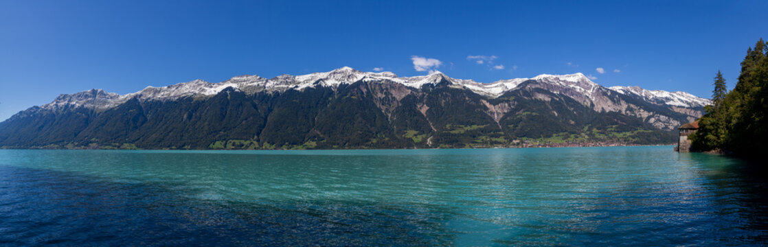 Mountain ridge hardergrat and brienzergrat with lake brienz seen from giessbach, switzerland