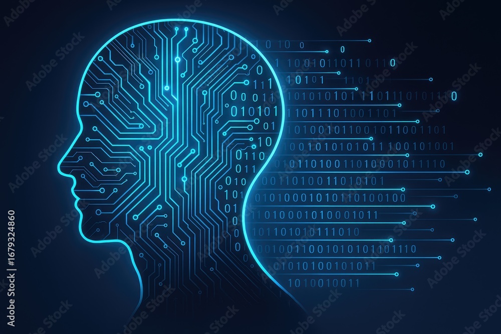 Poster digital human head silhouette with circuitry and binary code flowing out artificial intelligence tec