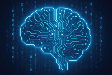 Digital Brain Outline Made of Circuitry and Binary Code on Dark Background artificial intelligence technology